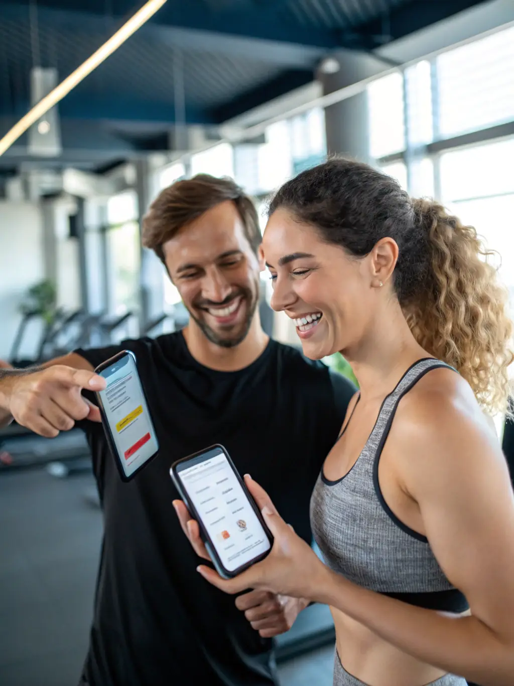 A couple working out together in the Iron Box, showcasing the 'Duo Advantage'. They are smiling and appear motivated, with high-quality gym equipment visible in the background.